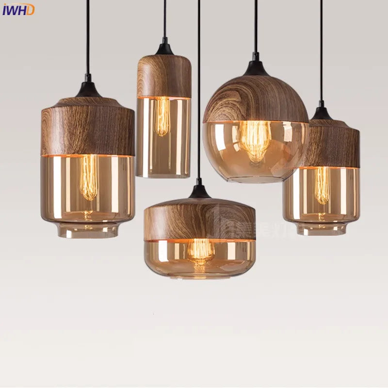 Nordic Modern LED Pendant Lights Fixtures Bedroom Dinning Living Room Light Wood Color Glass Hanging Lamp Luminaria