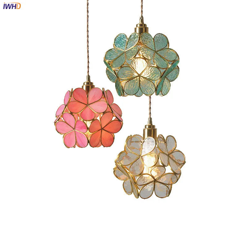 Nordic Flower Copper Pendant Lighting Fixtures Bedroom Dinning Living Room Glass LED Pendant Light Fixtures Luminaria