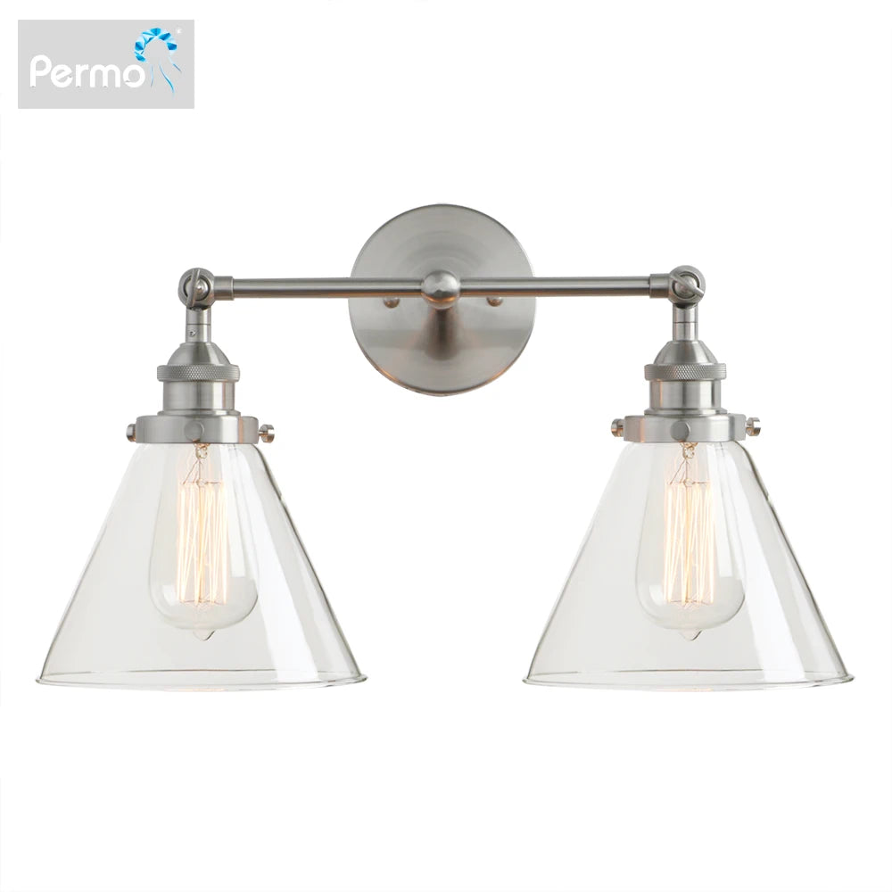 Modern 7.3'' Funnel Glass Loft Metal Double Heads Wall Light Retro Brass Country Style E27 Edison Sconce Lamp Fixtures