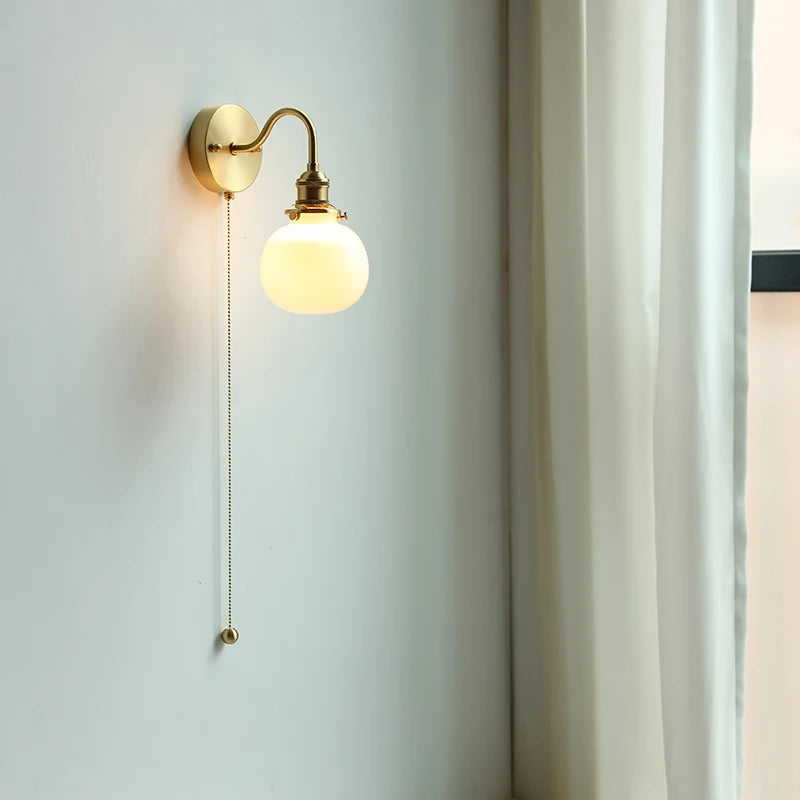 Nordic LED Bathroom Mirror Light Fixture Pull Chain Switch Home Lighting Copper Glass Nodern Wall Lamp Sconce Lampara Pared