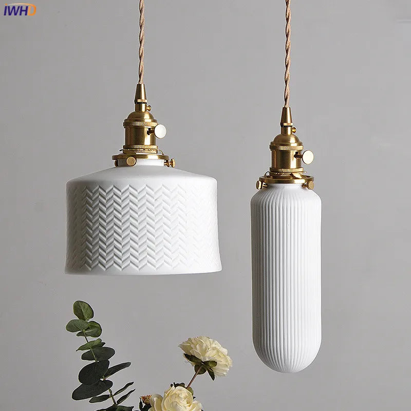 Nordic White Ceramic LED Pendant Lights Fixtures Knob Switch For Bedroom Dinning Living Room Modern Copper Hanging Lamp