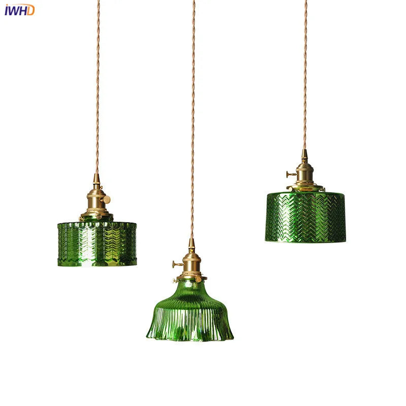 Nordic Green Glass Hanging Lamp Copper Switch Bedroom Bar Coffe Modern LED Pendant Light Fixtures Hanglamp Home Lighting