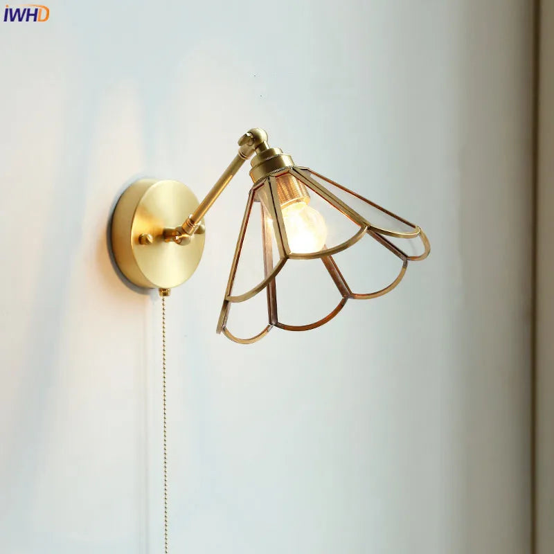 Nordic Copper Glass LED Wall Light Fixtures Pull Chain Switch Bedroom Mirror Stair Beside Lamp Modern Wall Sconce Wandlamp