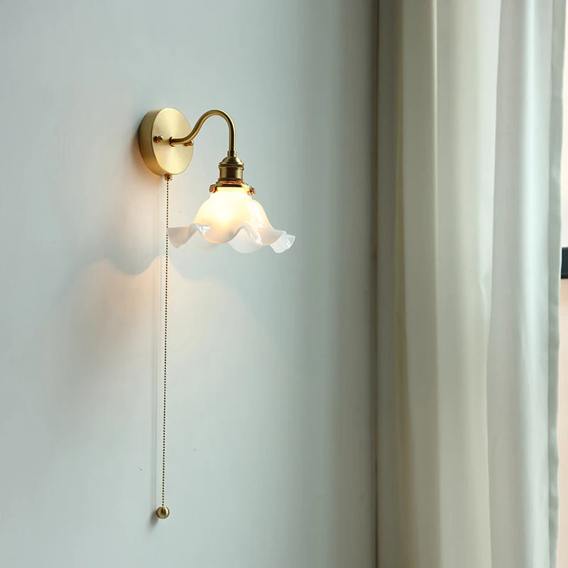 White Glass LED Wall Light Fixtures Pull Chain Switch Bedroom Bathroom Mirror Copper Nordic Wall Sconce Wandlamp Luminaria