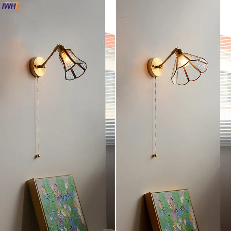 Green Glass LED Wall Lights Fixtures Home Indoor Lighting Pull Chain Switch Copper Beside Lamp Up And Down Adjustable