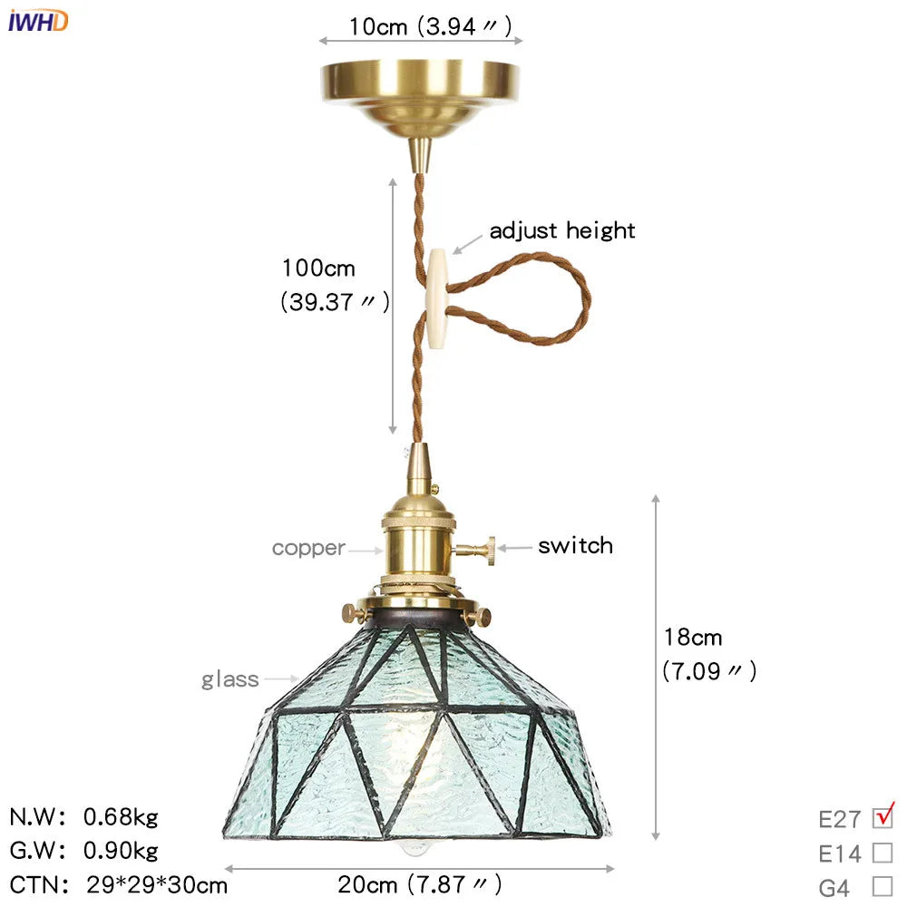 Japan Style Bule Glass Pendant Lights Kitchen Cafe Bar Living Room Switch Nordic Modern Copper Hanging Lamp Light Luminaria