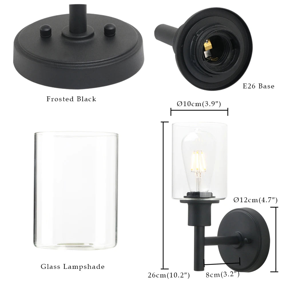 Black Wall Sconce Light 1-Light Matte Black Bathroom Vanity Light Fixture with 3.94 Inches Glass Light Shade