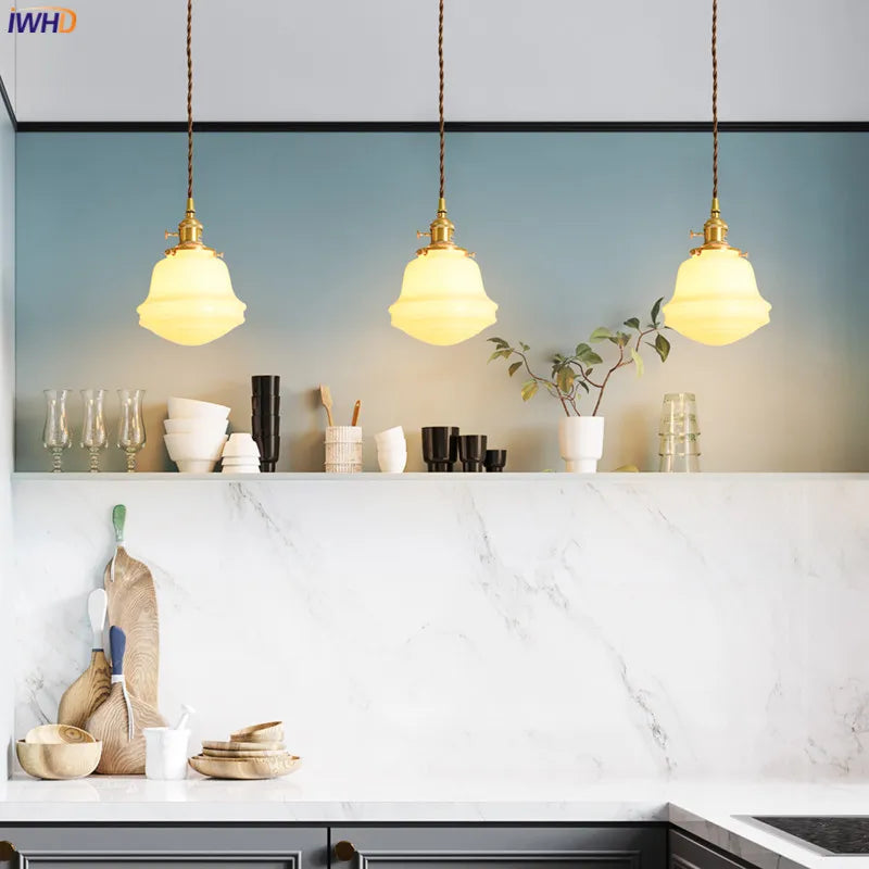 White Glass LED Pendant Light Fixtures Japanese Style Nordic Modern Copper Pendant Lamp Hanging Lights Luminaria Lampara