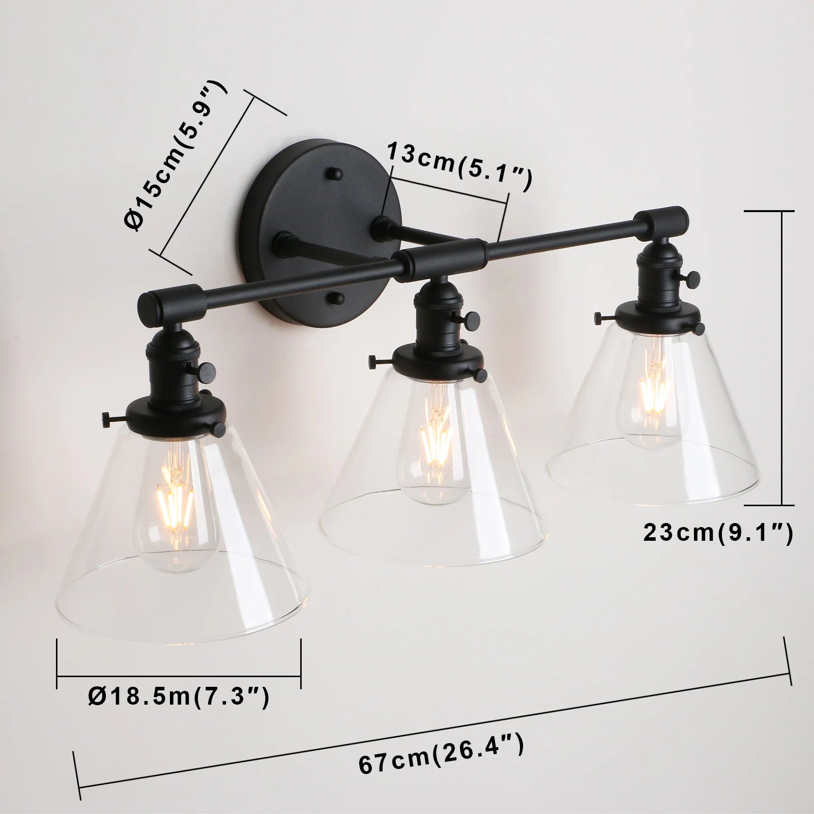 3 Light Sconce Wall Mount Bathroom Light Fixture with 7.3 Inches Cone Clear Glass Canopy