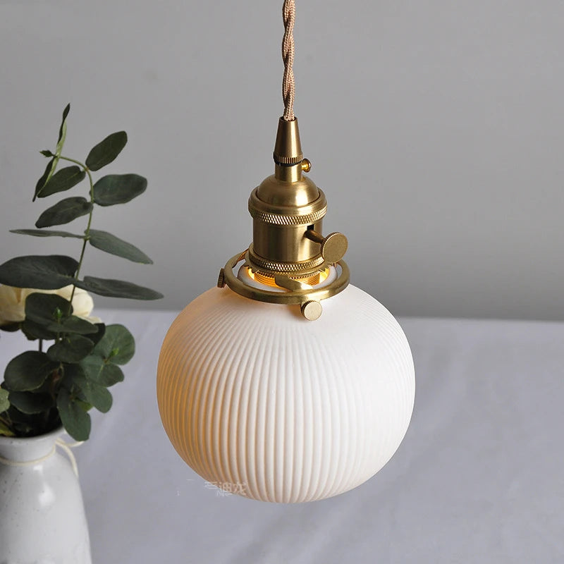 Nordic White Ceramic LED Pendant Lights Fixtures Knob Switch For Bedroom Dinning Living Room Modern Copper Hanging Lamp