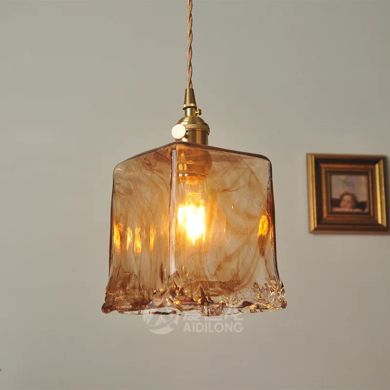 Nordic Amber Glass Pendant Lights Fixtures Switch Beside Bedroom Bar Coffe Vintage Copper Hanging Lamp LED Lampara Colgante