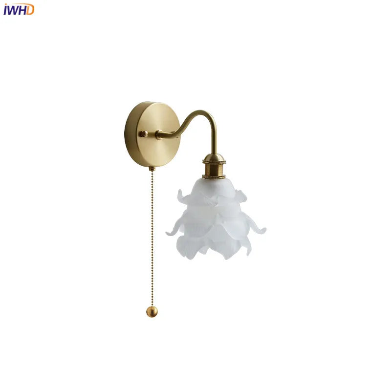 Flower Glass Copper Wall Lamp Sconce Pull Chain Switch LED Bedroom Bathroom Mirror Stair Light Nordic Modern Wandlamp