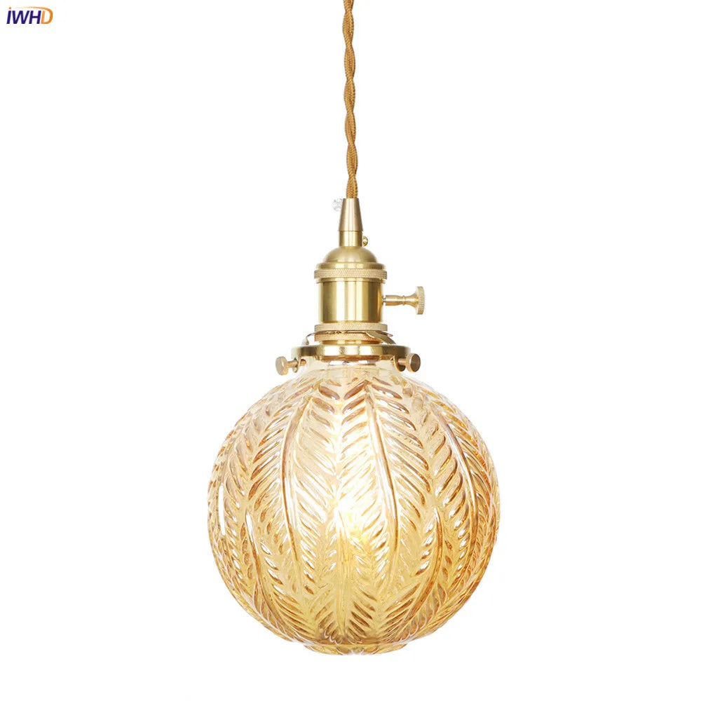 Nordic Style Amber Glass Ball Pendant Lights Kitchen Cafe Dinning Living Room Light Modern Copper Pendant Lamp Hanglamp LED