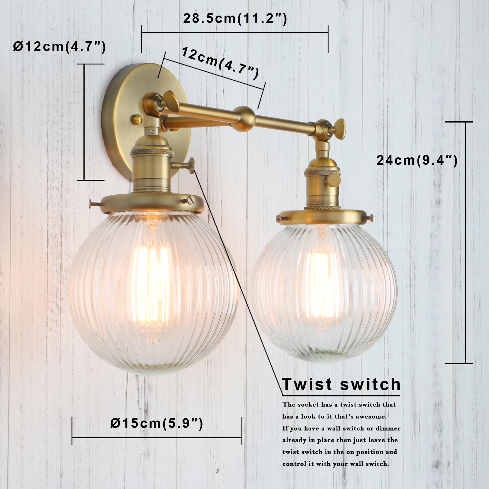 Vintage  with Globe Glass Shade 2 Lights Wall Sconces Double Head Wall Lights with Switch Retro Style Rustic Wall Lamps