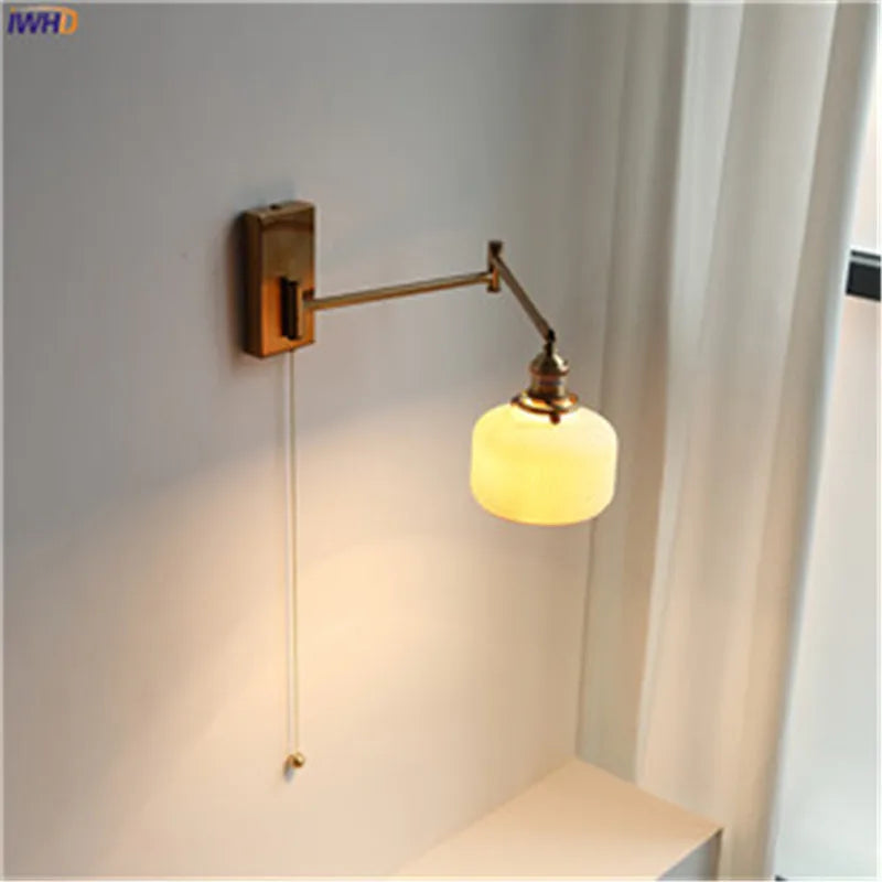 Green Glass LED Wall Light Fixtures Pull Chain Switch Up And Down Left Right Adjustable Swing Long Arm Wall Sconce Wandlamp