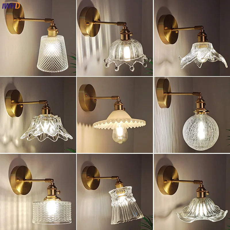 Copper Glass LED Wall Lamp Switch Japanese Nordic Style Bedroom Bathroom Mirror Stair Light Wall Sconce Applique Murale