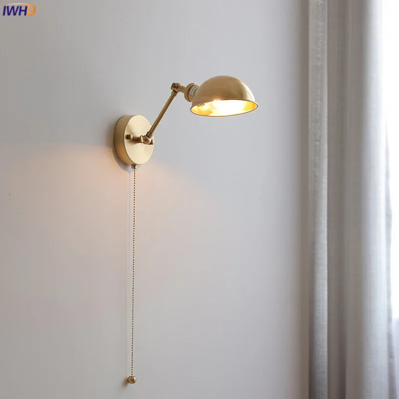 Nordic Copper Modern Wall Lamp Sconce Pull Chain Switch Bedroom Living Room Bathroom Mirror Light Wandlamp Luminaria LED