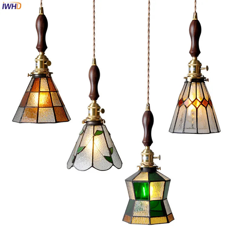 Colorful Glass Copper Pendant Lamp Wood Knob Switch Beside Bedroom Dinning Room Nordic Modern Hanging Light LED Hanglamp