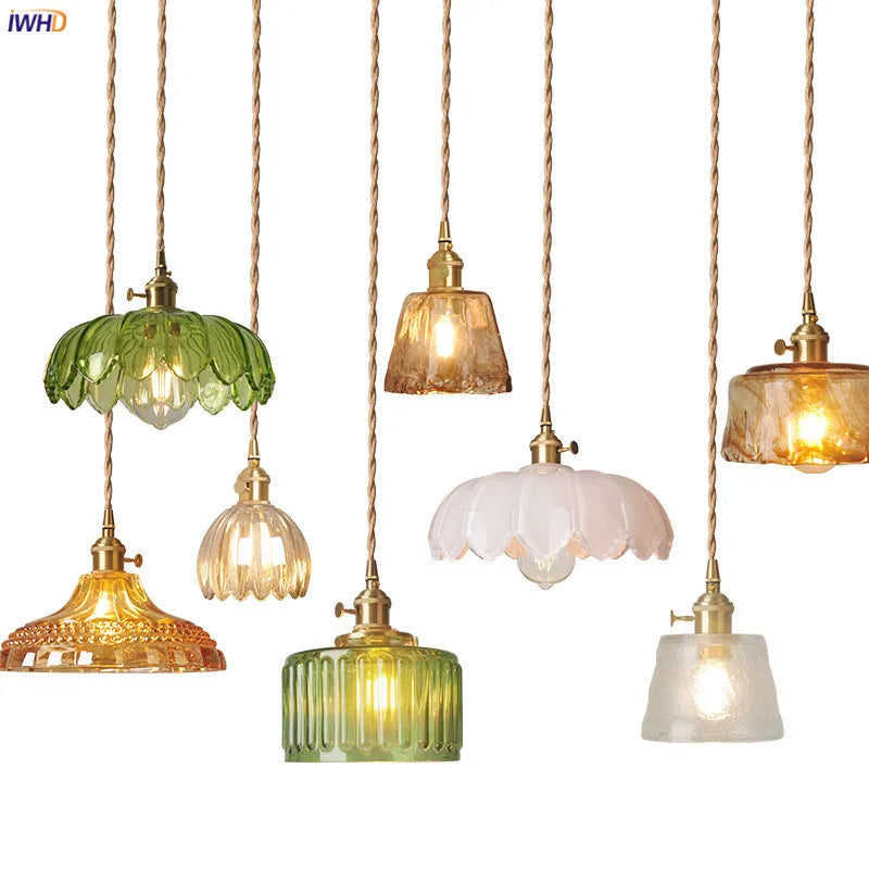 Modern Copper Glass LED Pendant Lamp Switch Living Room Bedroom Green Amber White Nordic Hanging Lights Luminaria Hanglamp