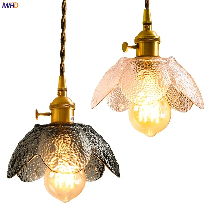 Nordic Style Flower Glass Pendant Lamp Bedrom Restaurant Bar Japanese Copper Vintage Industrial Pendant Lighting Fixtures