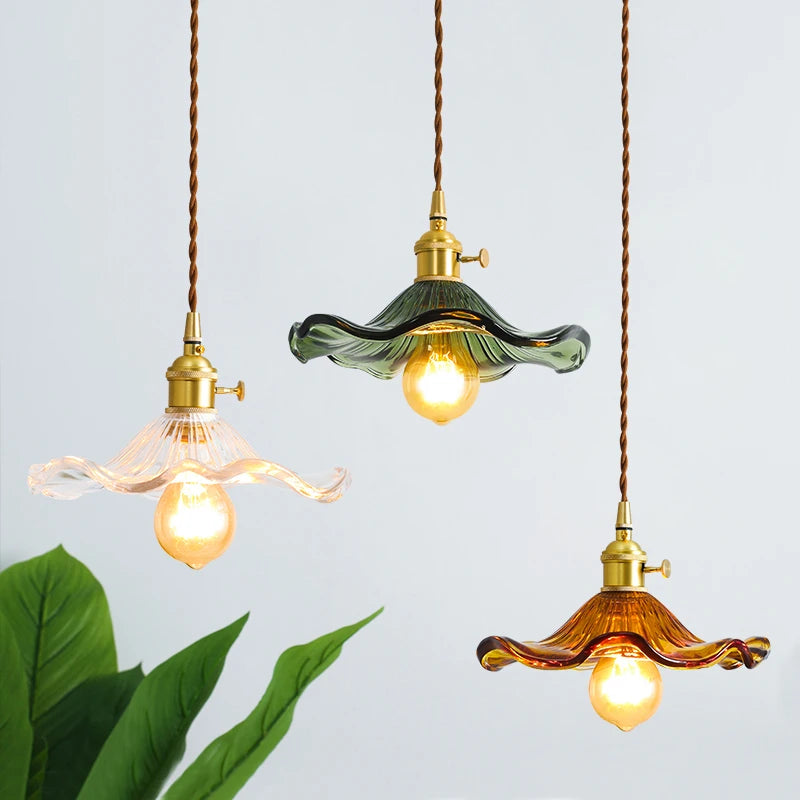 Nordic Green Glass Hanging Light 85-265V Copper Knob Switch Living Dinning Room Modern LED Pendant Lamp Lighting Hanglamp