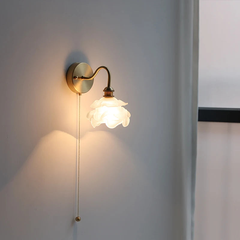 Flower Glass Copper Wall Lamp Sconce Pull Chain Switch LED Bedroom Bathroom Mirror Stair Light Nordic Modern Wandlamp