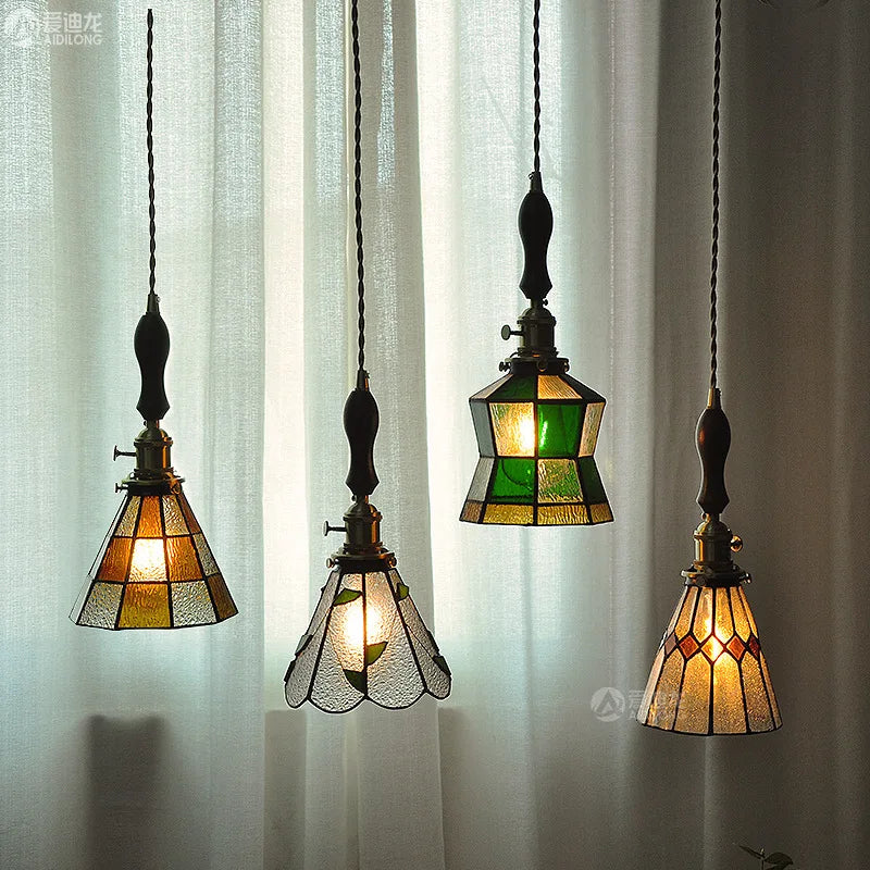 Colorful Glass Copper Pendant Lamp Wood Knob Switch Beside Bedroom Dinning Room Nordic Modern Hanging Light LED Hanglamp