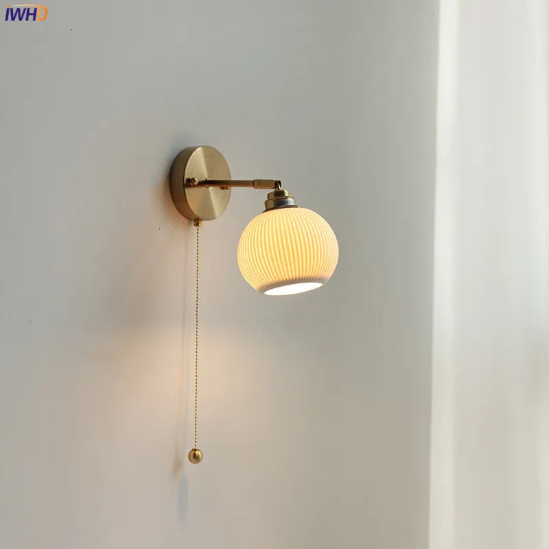 Modern Copper LED Wall Light Pull Chain Switch Bathroom Mirror Stair Lights Nordic Ceramic Wall Lamp Sconce Luminaira