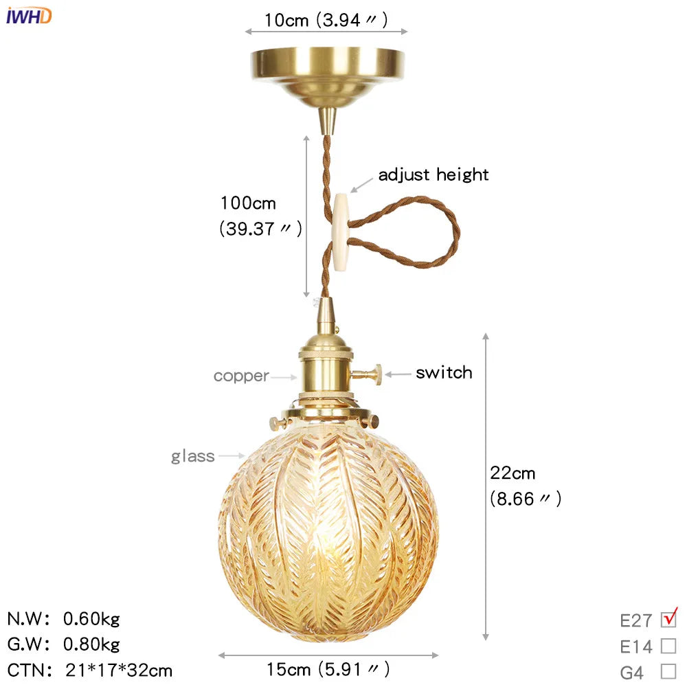 Nordic Style Amber Glass Ball Pendant Lights Kitchen Cafe Dinning Living Room Light Modern Copper Pendant Lamp Hanglamp LED