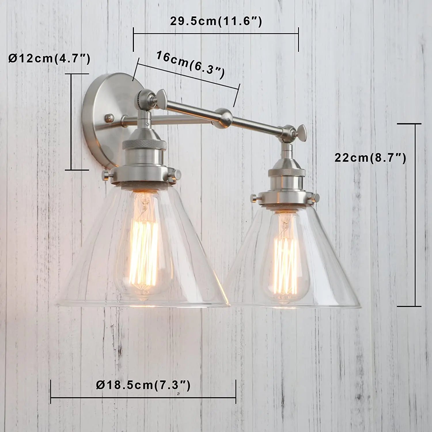 Modern 7.3'' Funnel Glass Loft Metal Double Heads Wall Light Retro Brass Country Style E27 Edison Sconce Lamp Fixtures