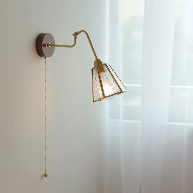 Wood Canopy Nordic Wall Lamp Sconce Pull Chain Switch Home Lighting Copper Arm LED Stair Light Wandlamp Applique Murale