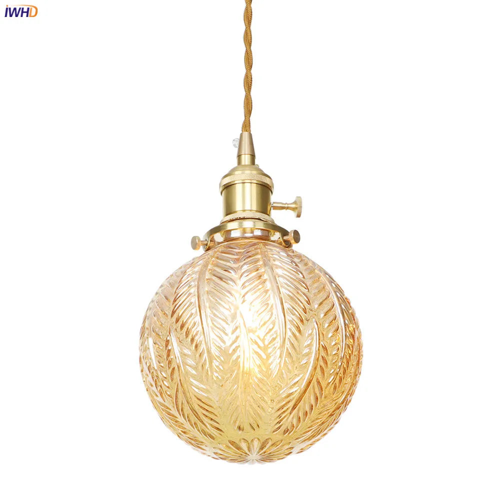 Nordic Style Amber Glass Ball Pendant Lights Kitchen Cafe Dinning Living Room Light Modern Copper Pendant Lamp Hanglamp LED