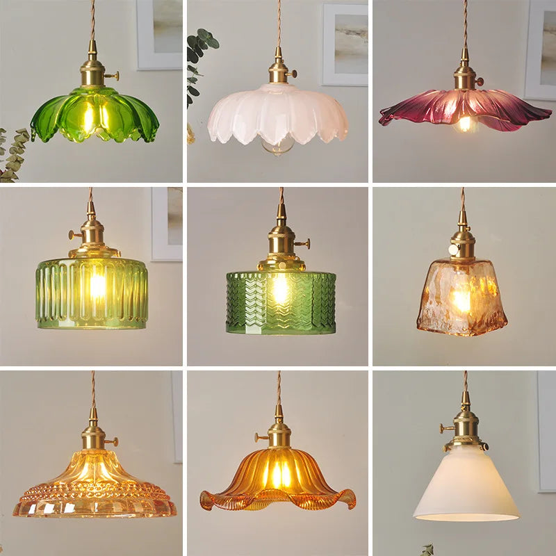 Modern Copper Glass LED Pendant Lamp Switch Living Room Bedroom Green Amber White Nordic Hanging Lights Luminaria Hanglamp