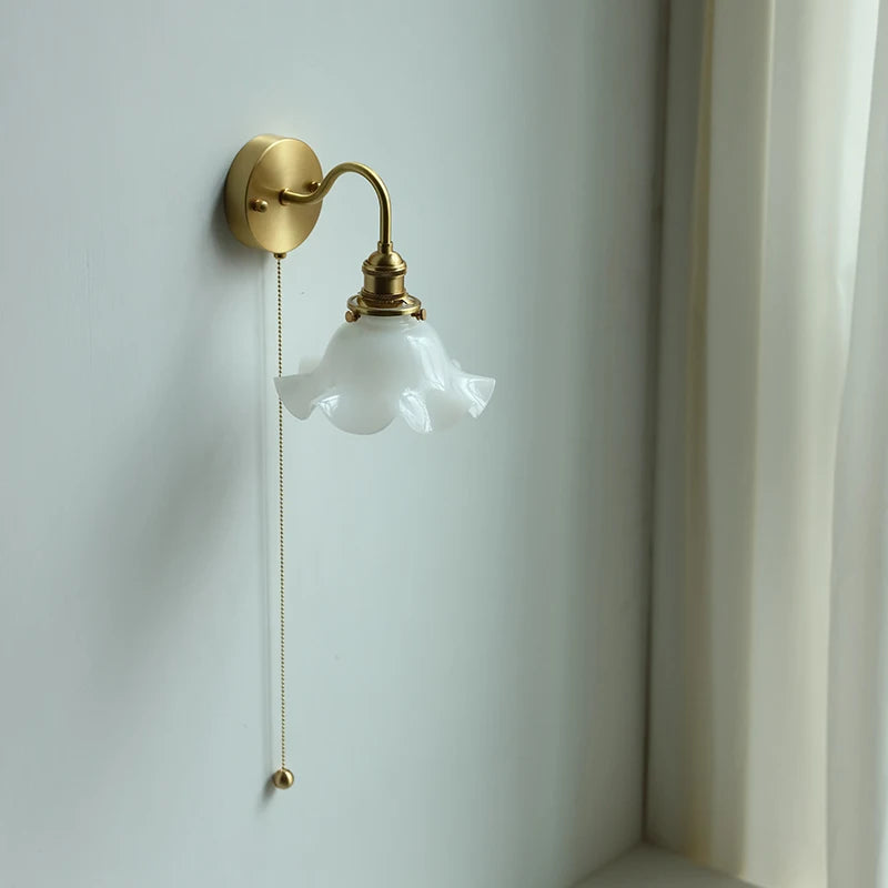 White Glass LED Wall Light Fixtures Pull Chain Switch Bedroom Bathroom Mirror Copper Nordic Wall Sconce Wandlamp Luminaria