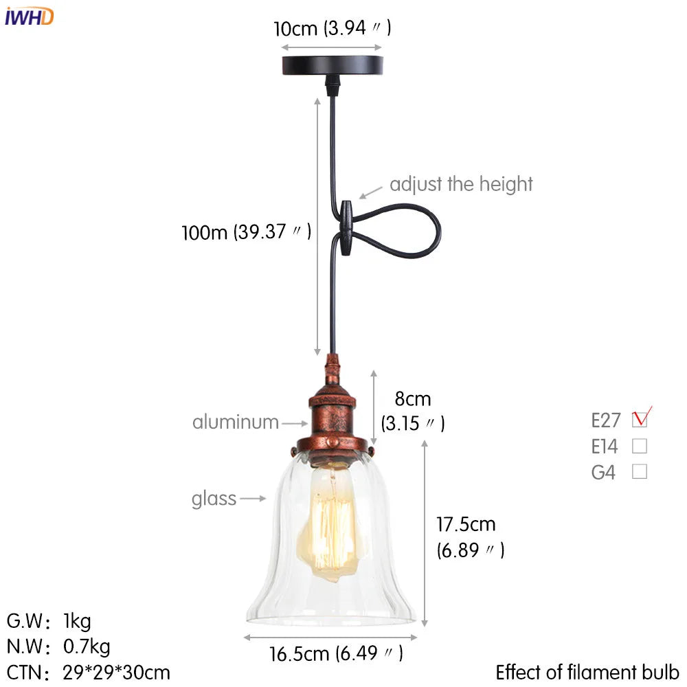 Loft Style Glass Edison Pendant Lamp Bedroom Dinning Living Room Industrial Pendant Lighting Fixtures Vintage Lamp Hanglamp