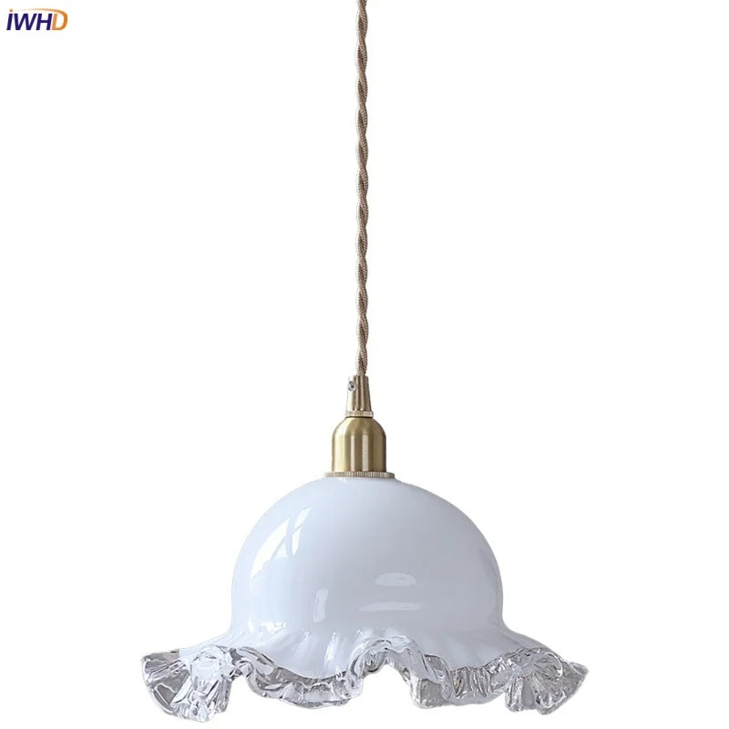 White E14 LED Pendant Lamp Hallway Balcony Reading Flower Glass Brass Wire Adjustable Dining Room Lights Luminaira Pendente