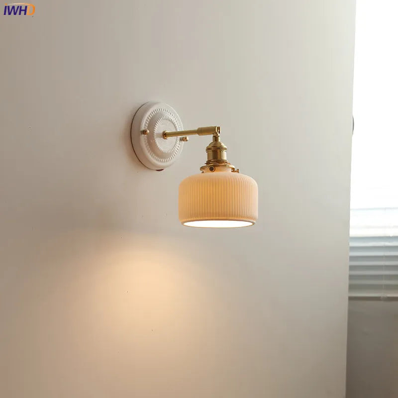 Nordic Modern LED Wall Light Fixtures Ceramic Lampshade Knob Switch Bedroom Bathroom Mirror Japanese Style Wall Sconce