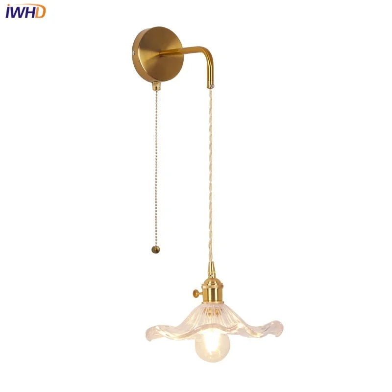 Copper LED Wall Lamp Sconce Living Dining Room Porch Nordic Glass Pull Chain Switch Adjustable Bathroom Stair Mirror Light