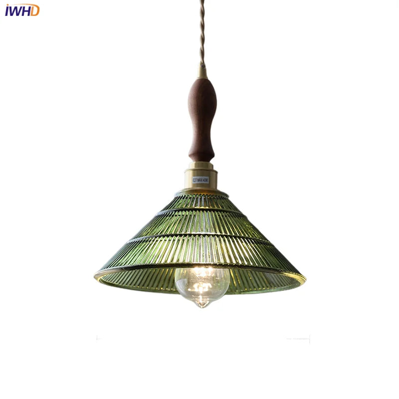 Walnut Wood LED Pendant Light Fixture Living Room Bedroom Restaurant Adjustable Green Glass Home Decor Hanging Lamp Lampara