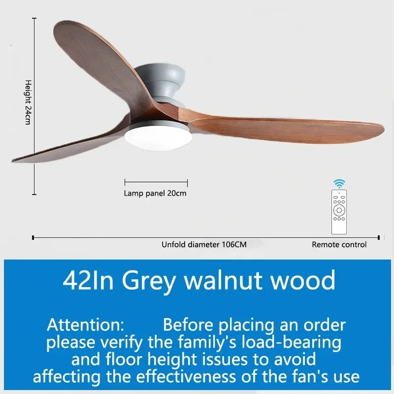 52inch Low Floor Ceiling Fan Light Remote Control Led Llights Indoor Restaurant Solid wood fan leaves With Fan Chandelier