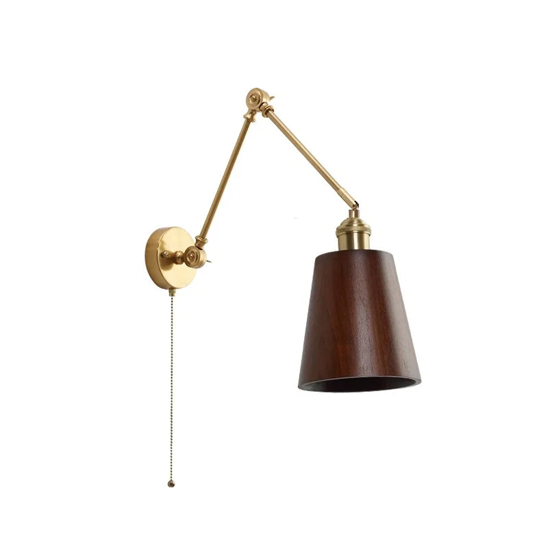 Copper Swing Long Arm LED Wall Light Sconce Pull Chain Switch Up And Down Bedroom Beside Lamp Nordic Modern Wooden Wandlamp