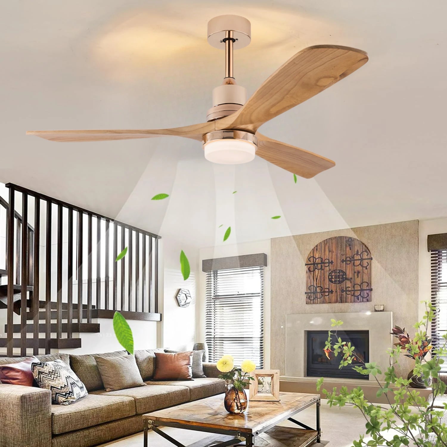 American Style 52 Inch Ceiling Fan with Light Real Wood Fan Blades 3-Color Dimmable, Ideal for Living Room or Balcony