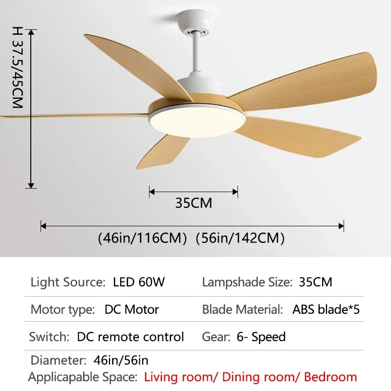 56 Inch Restaurant Fan with 60W LED Llights 5 Blade DC motor Ceiling fan Support Remote Control 110V 220V