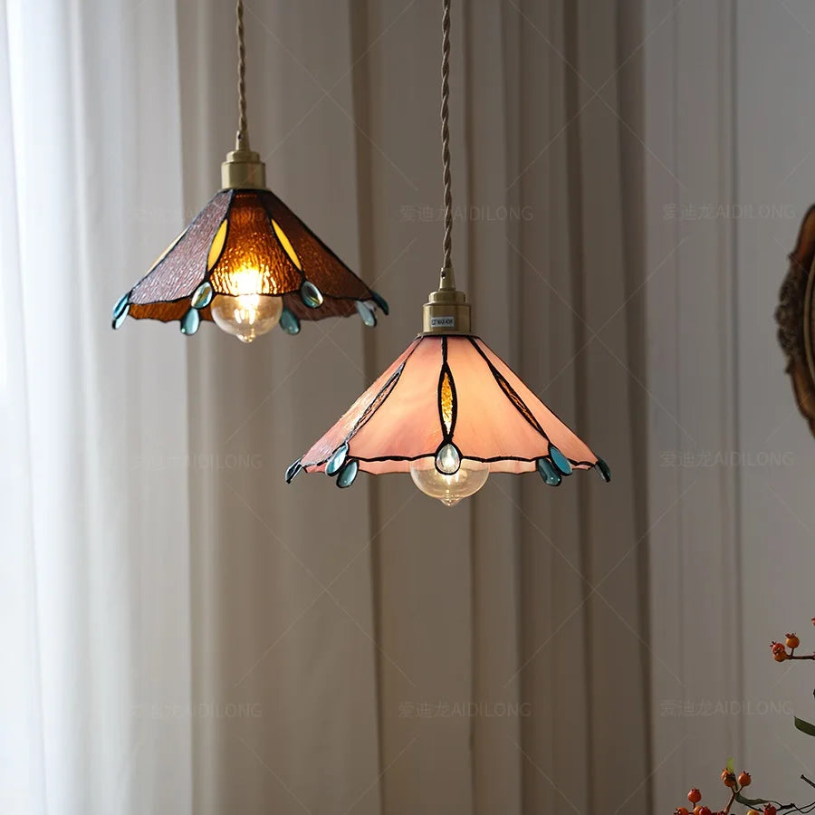 Vintage Copper Glass LED Pendant Lights Fixtures Handmade Beside Restaurant Bedroom American Country Nordic Hanging Lamp