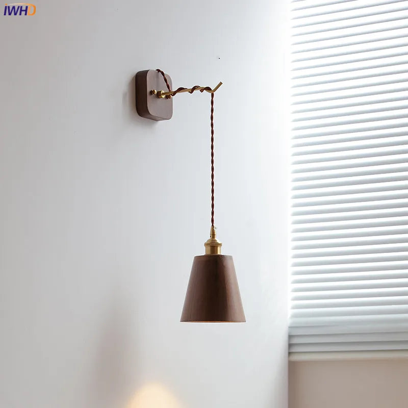 Walnut Wooden Copper LED Wall Light Fxitures Wandlamp Pull Chain Plug In Bedroom Living Room Beside Lamp Home Indoor Light