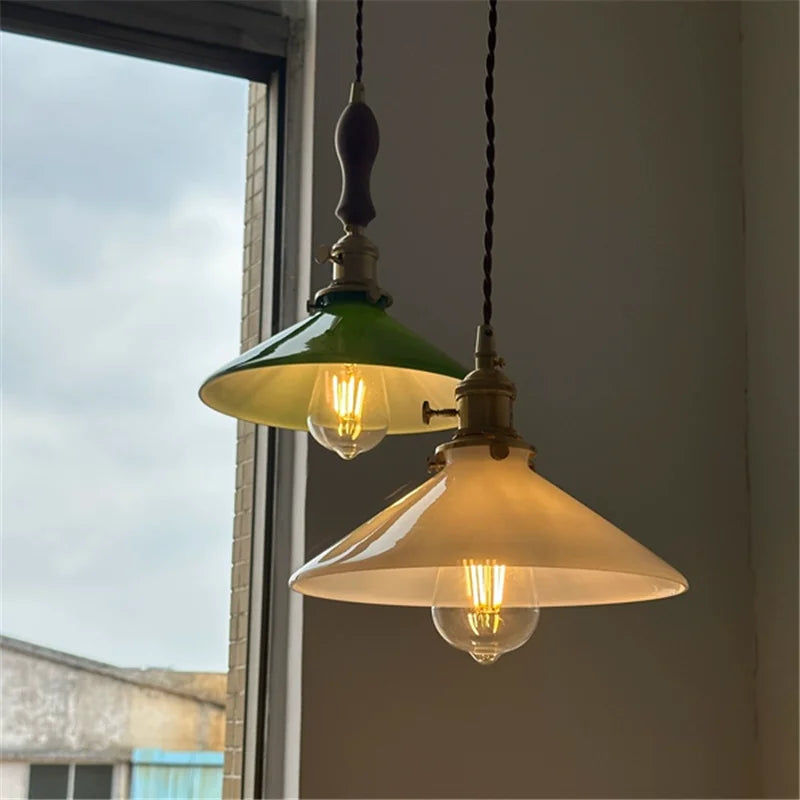 White Green Glass LED Pendant Lights Fixtures Copper Socket Wood Bedroom Living Room Stair Nordic Edison Handing Lamp