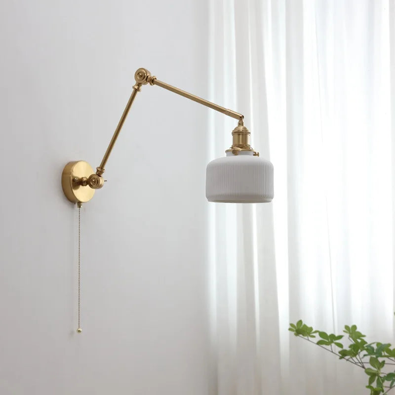 Pull Chain Switch LED Wall Lights Sconce Up And Down Copper Swing Long Arm Ceramic Lampshade Nordic Modern Wandlamp Lampara