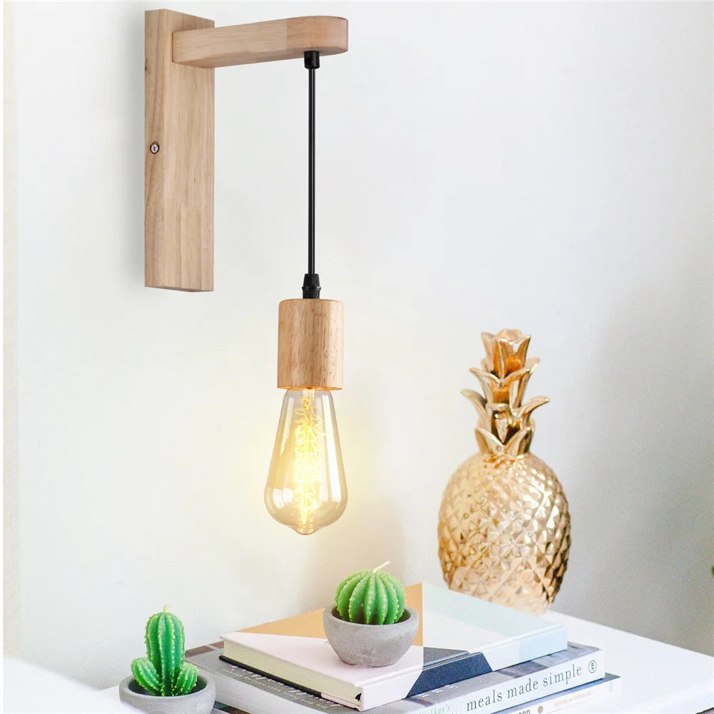 Indoor Wall Lamp Japanese Style Wooden Hanging Wall Light Fixture E27 Rural Wall Sconce for Corridor Kitchen Bedroom Bathroom