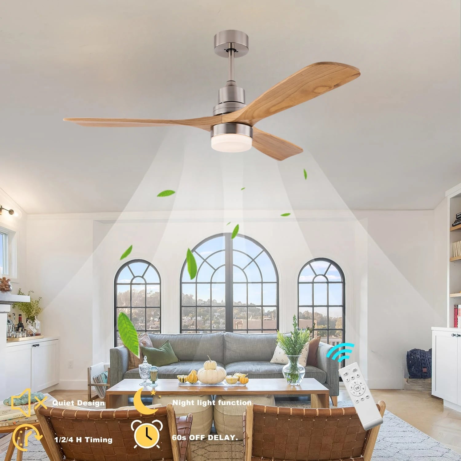 American Style 52 Inch Ceiling Fan with Light Real Wood Fan Blades 3-Color Dimmable, Ideal for Living Room or Balcony