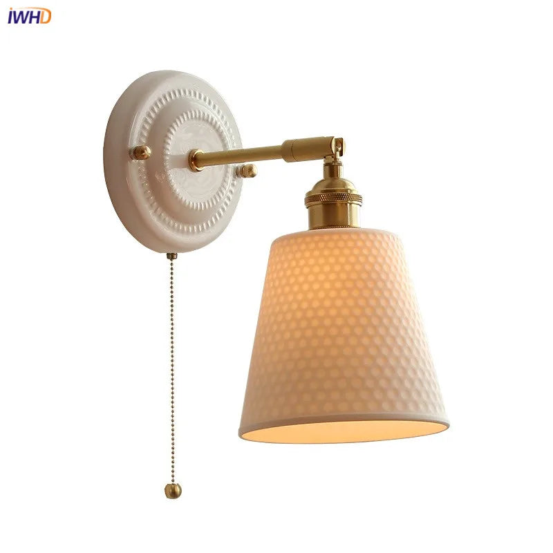 Japan Style Ceramic LED Wall Light Sconce Copper Arm Adjustable Pull Chain Switch Bedroom Bathroom Mirror Beside Lamp